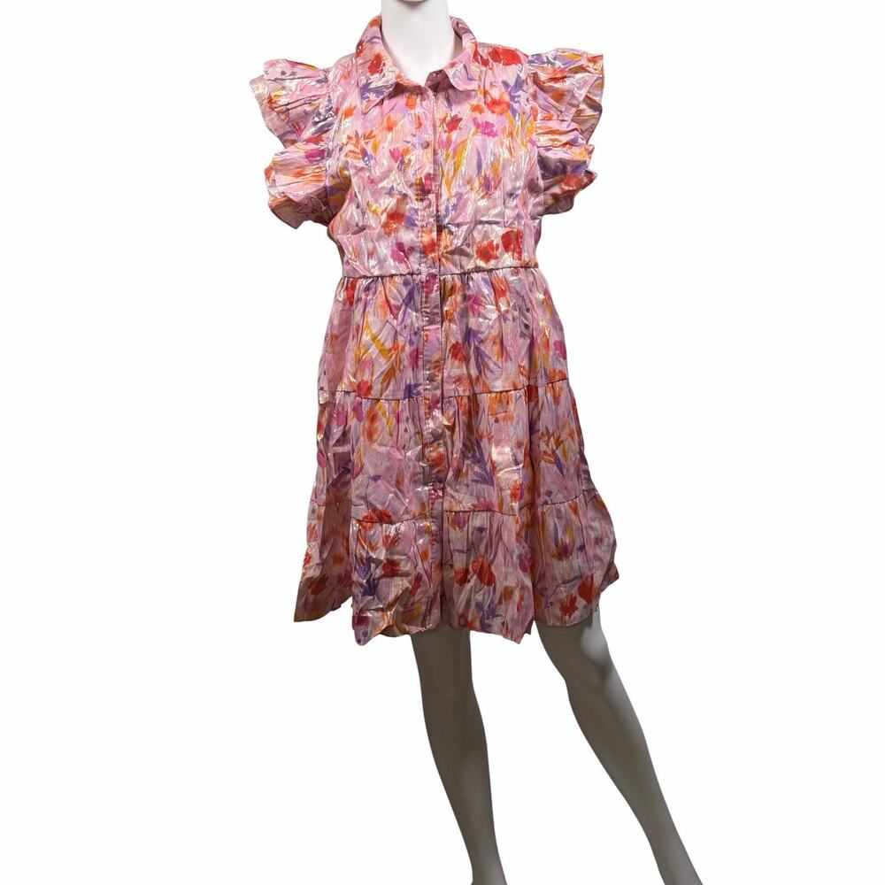 Melonie T Dress Womens Size 18 Pink Floral Button Front Midi Flutter Sleeve